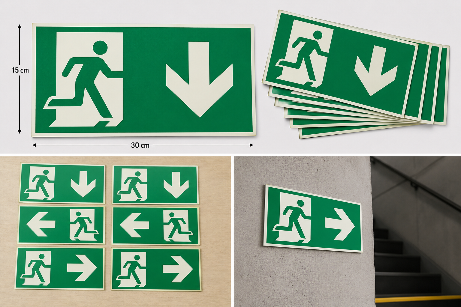Aperçu Sticker Sortie de Secours / Issue de Secours – 30 × 15 cm – Flèche directionnelle