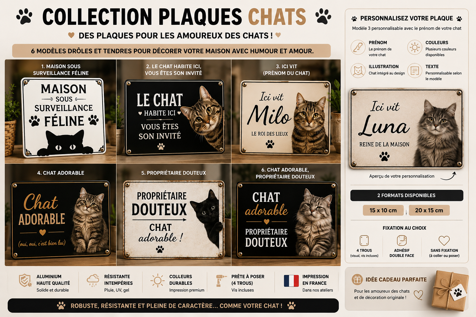 🐱 Plaque décorative Chat – Aluminium personnalisable