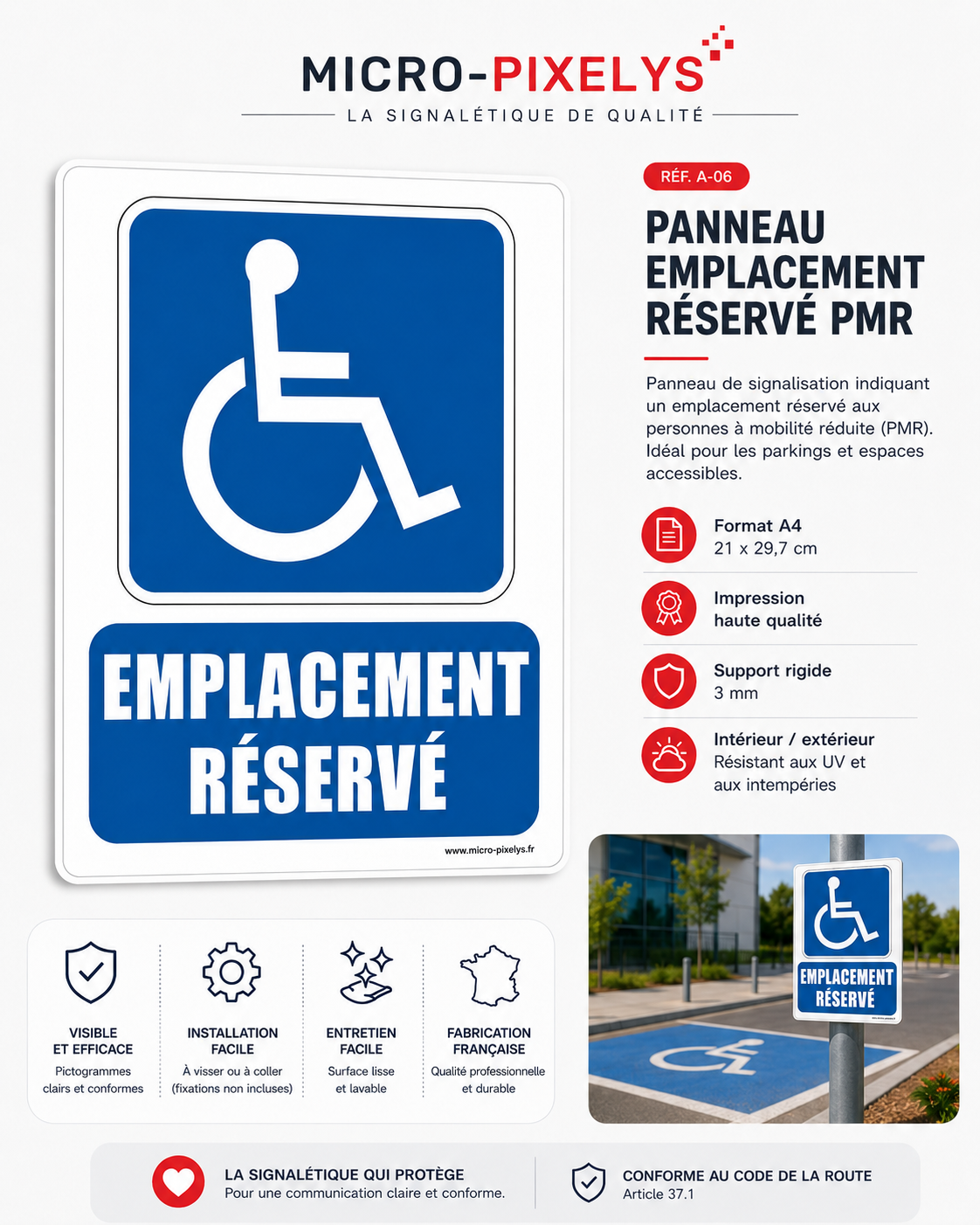Produit personnalisé Panneaux de signalisation – Format A4 Emplacement réservé handicapé