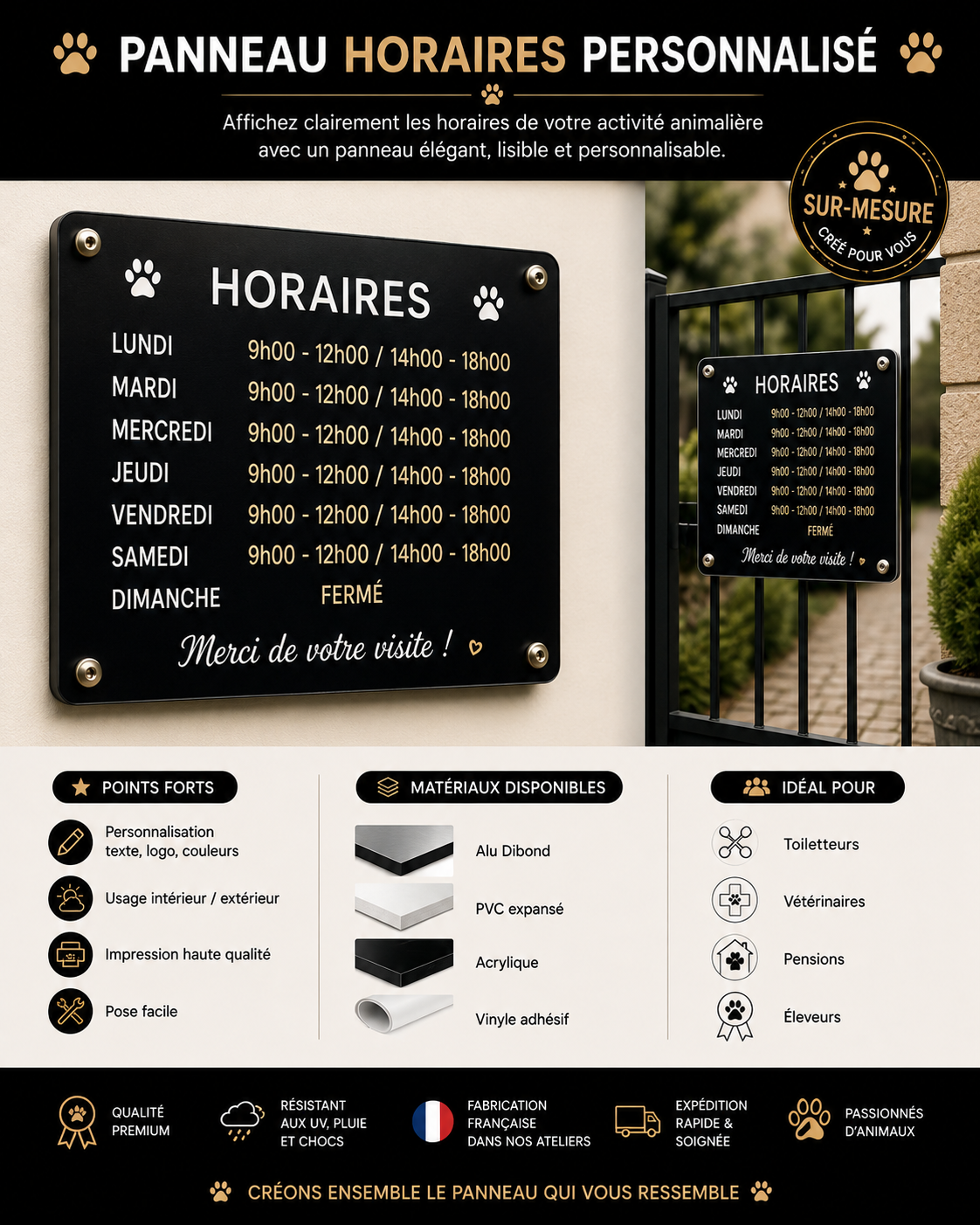 Produit personnalisé Panneau horaires personnalisé pour professionnel animalier