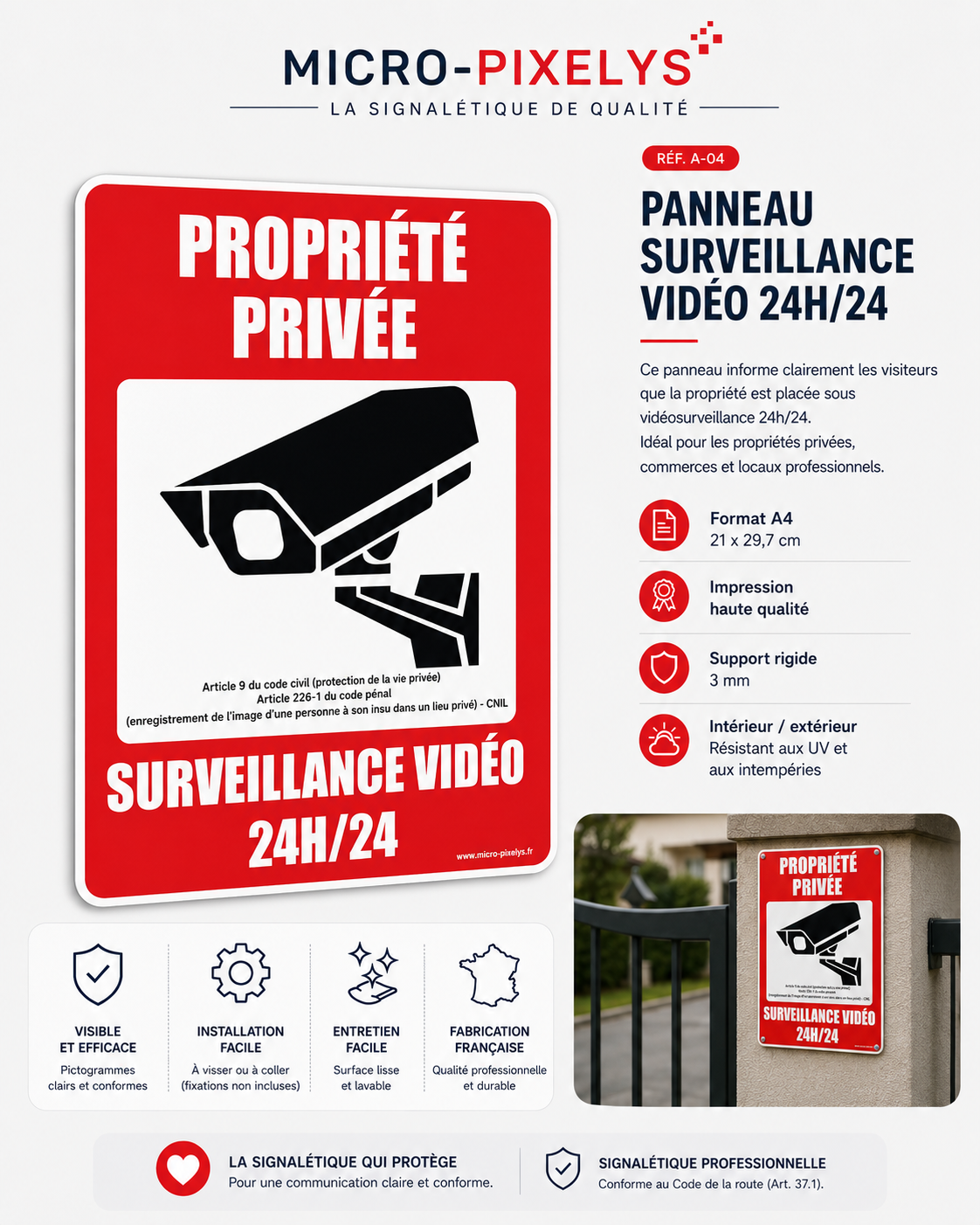 Produit personnalisé Panneau Propriété privée – Surveillance vidéo 24H/24 A4