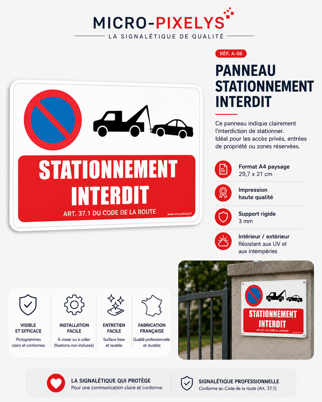 Produit personnalisé Panneau Stationnement interdit – Enlèvement véhicule A4
