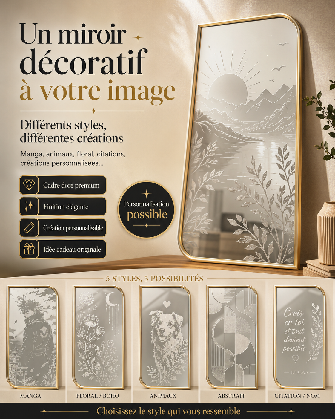 Produit personnalisé Miroir décoratif personnalisé – Création au choix