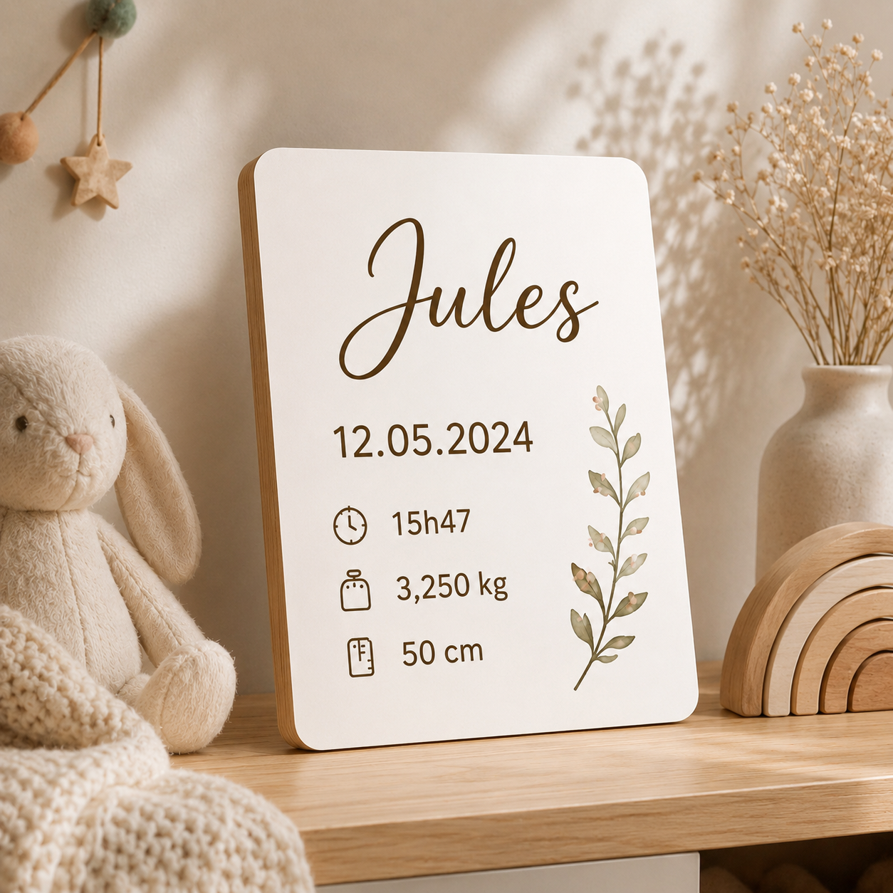 Aperçu Plaque de naissance personnalisée – Prénom & informations de bébé