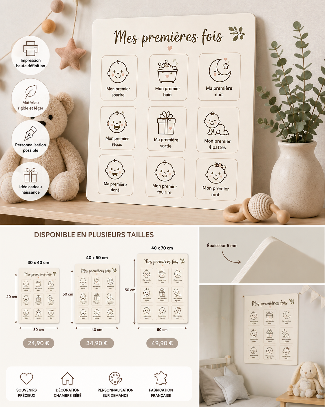 Produit personnalisé Plaque bébé « Mes premières fois » – Souvenirs des grandes étapes