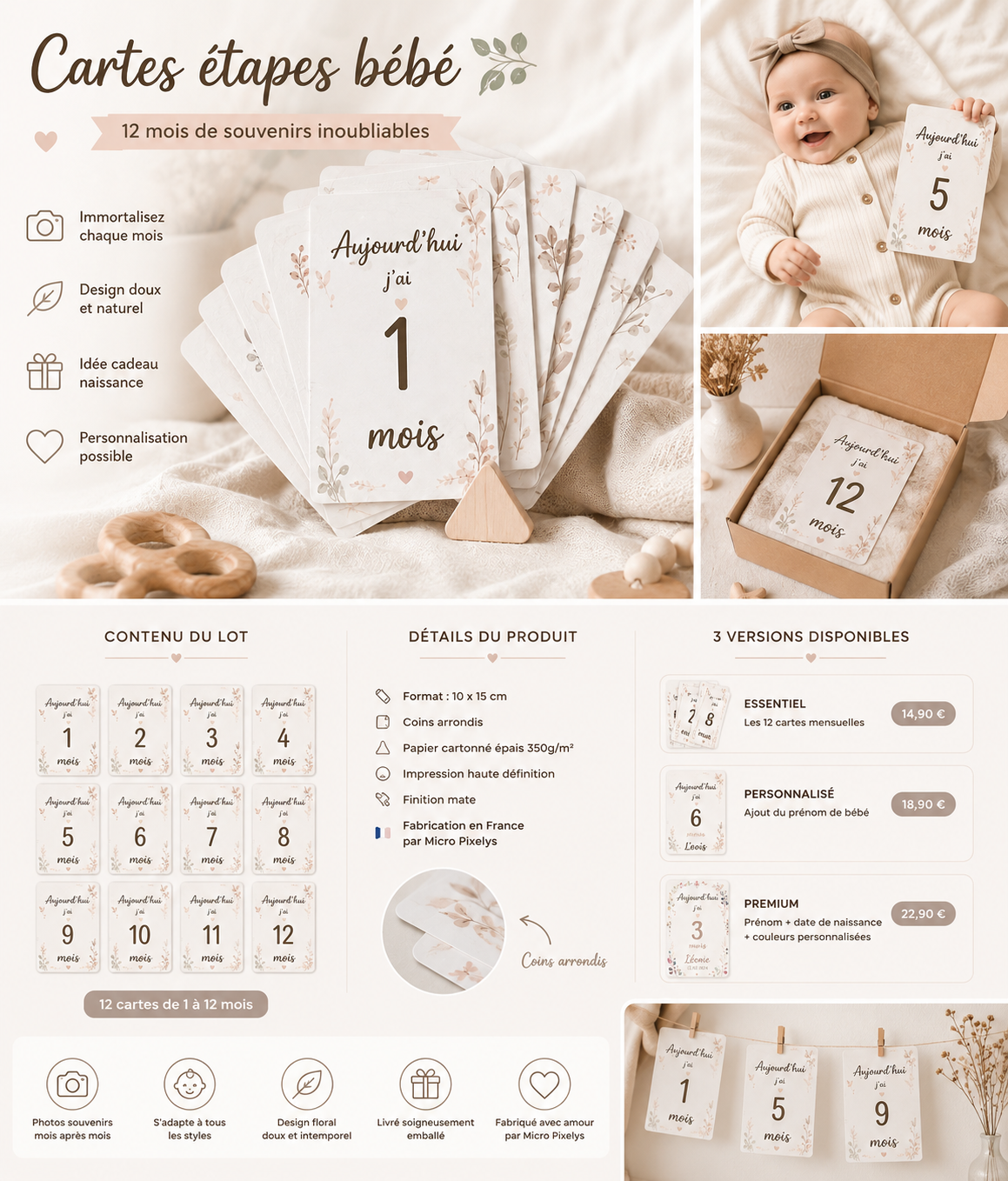 Produit personnalisé Cartes étapes bébé « Aujourd’hui j’ai… » – 12 mois