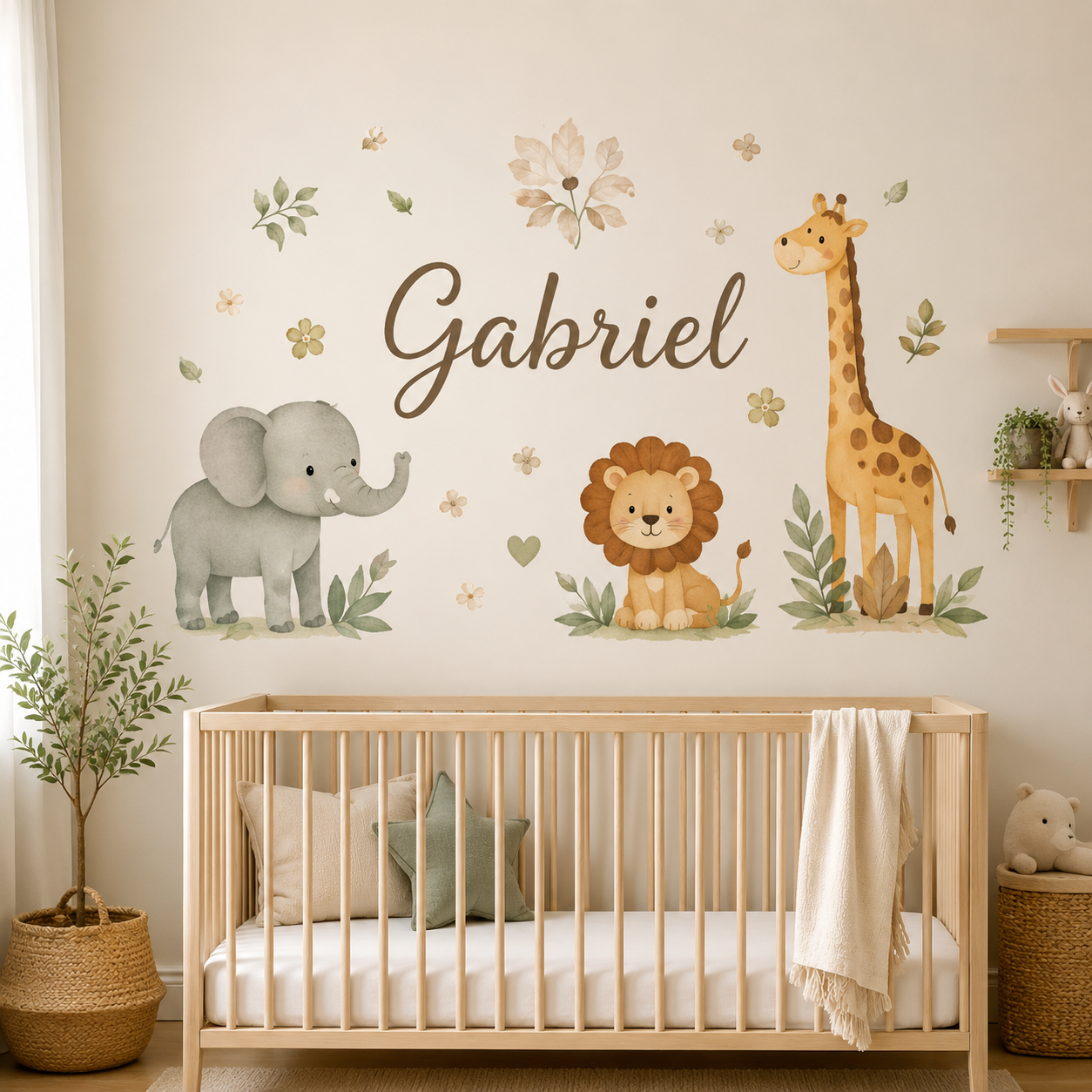 Aperçu Sticker mural personnalisé enfant – Animaux Safari & Prénom