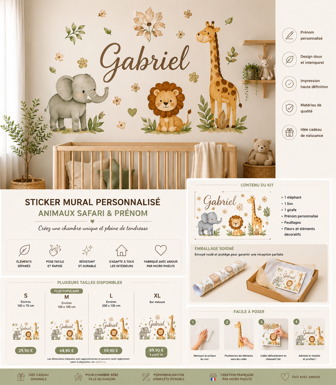 Produit personnalisé Sticker mural personnalisé enfant – Animaux Safari & Prénom