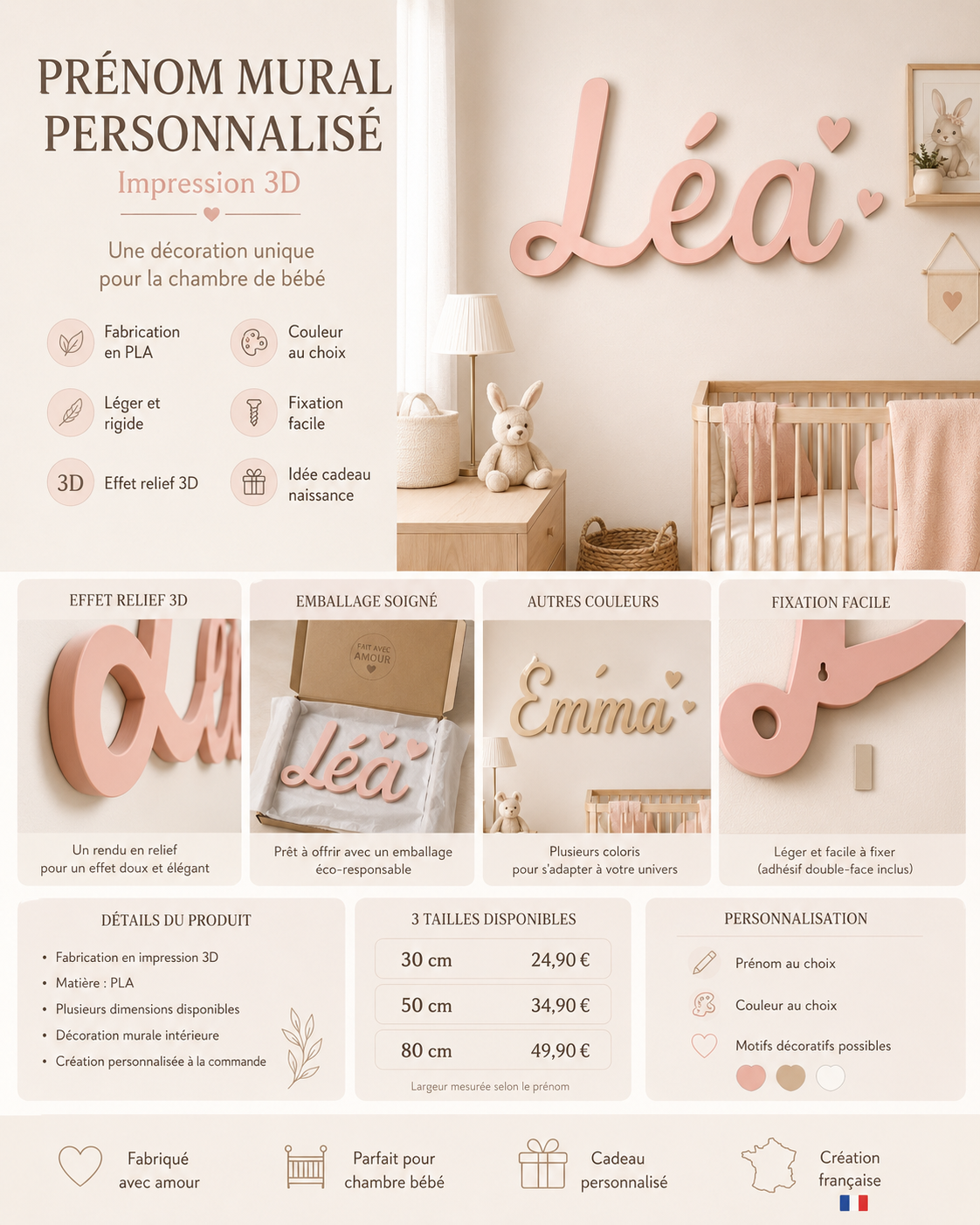 Produit personnalisé Prénom mural personnalisé en impression 3D – Décoration chambre bébé & enfant