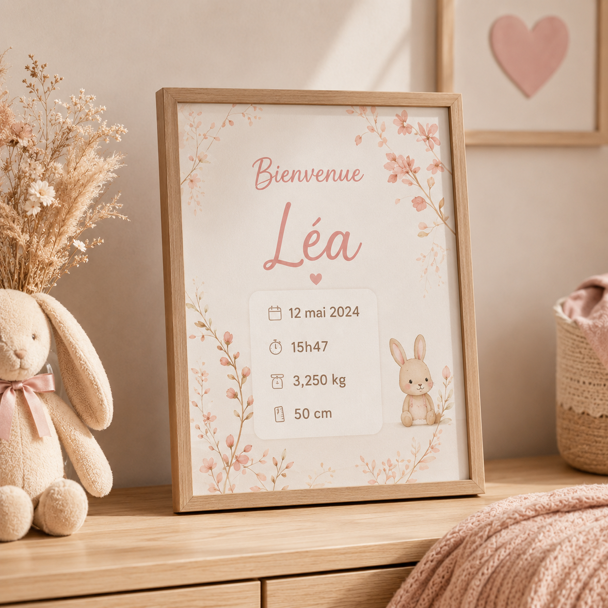 Aperçu Affiche naissance personnalisée – Prénom, date, heure, poids & taille