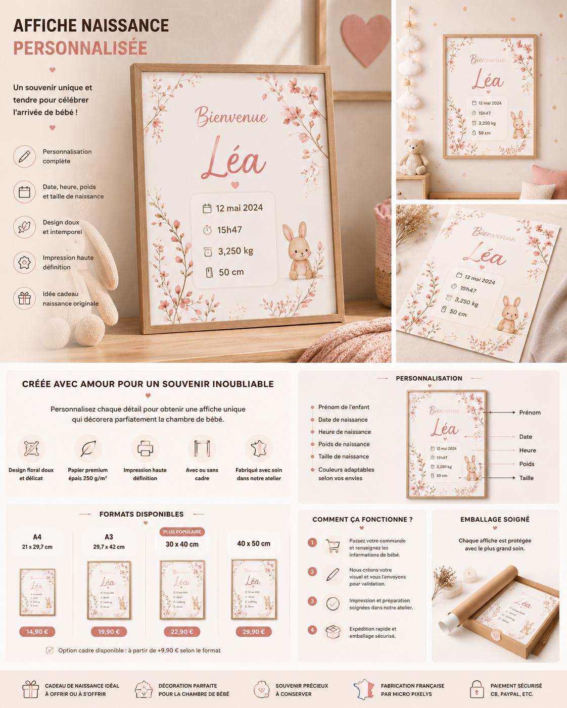 Produit personnalisé Affiche naissance personnalisée – Prénom, date, heure, poids & taille