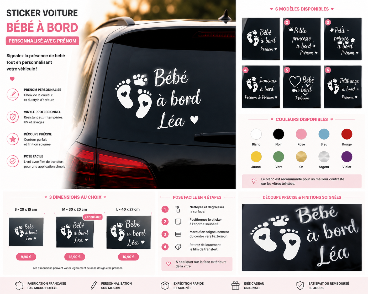 Produit personnalisé Sticker voiture personnalisé « Bébé à bord » avec prénom