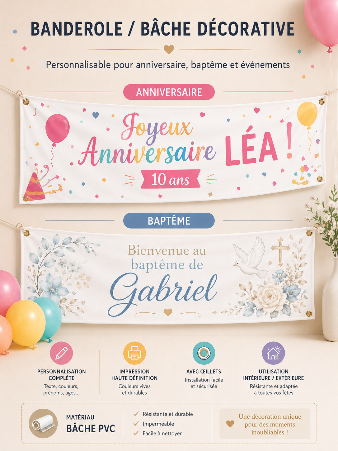 Produit personnalisé Banderole / Bâche décorative personnalisée – Anniversaire & Événements