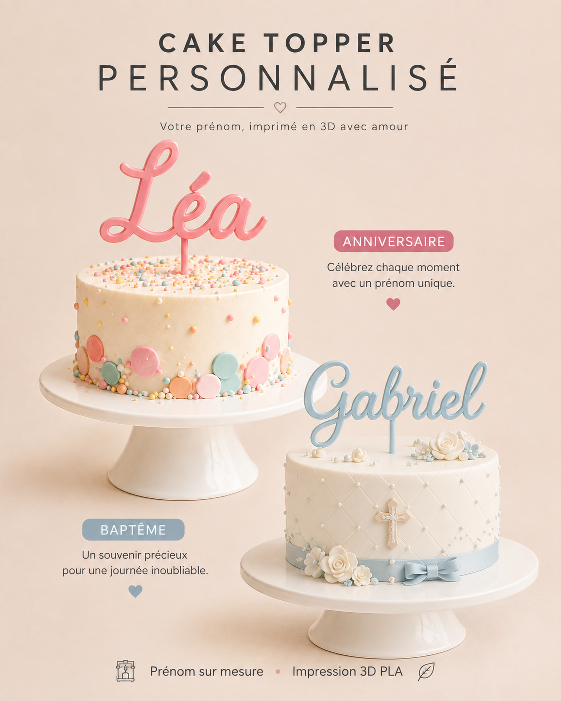 Produit personnalisé Cake Topper personnalisé en impression 3D – Anniversaire & Baptême