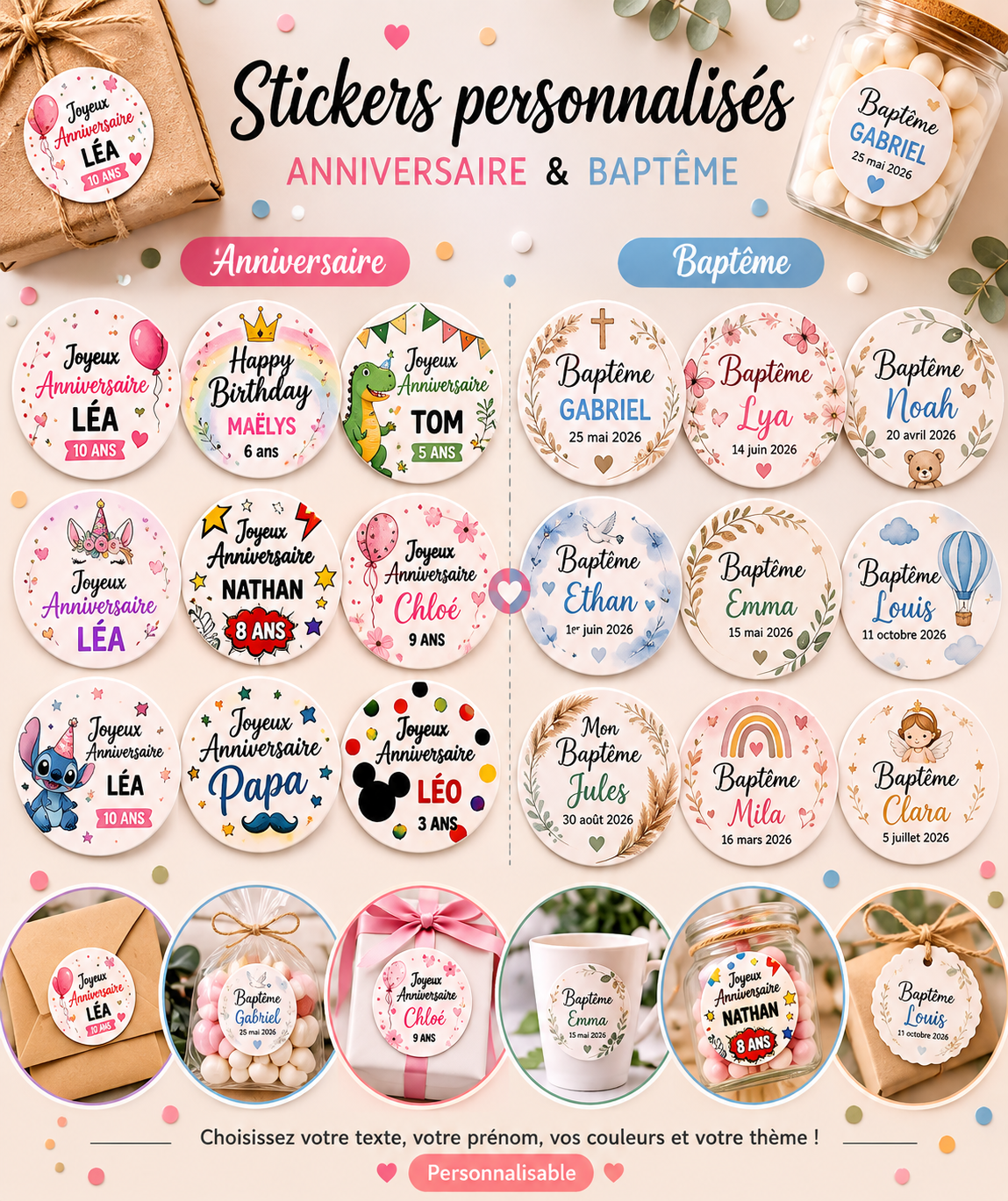 Produit personnalisé Stickers & Étiquettes personnalisés – Anniversaire, Baptême & Événements