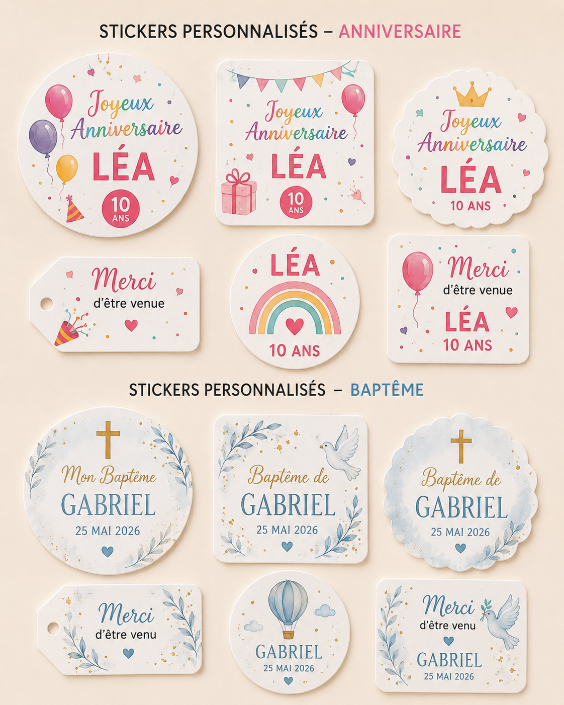 Aperçu Stickers & Étiquettes personnalisés – Anniversaire, Baptême & Événements