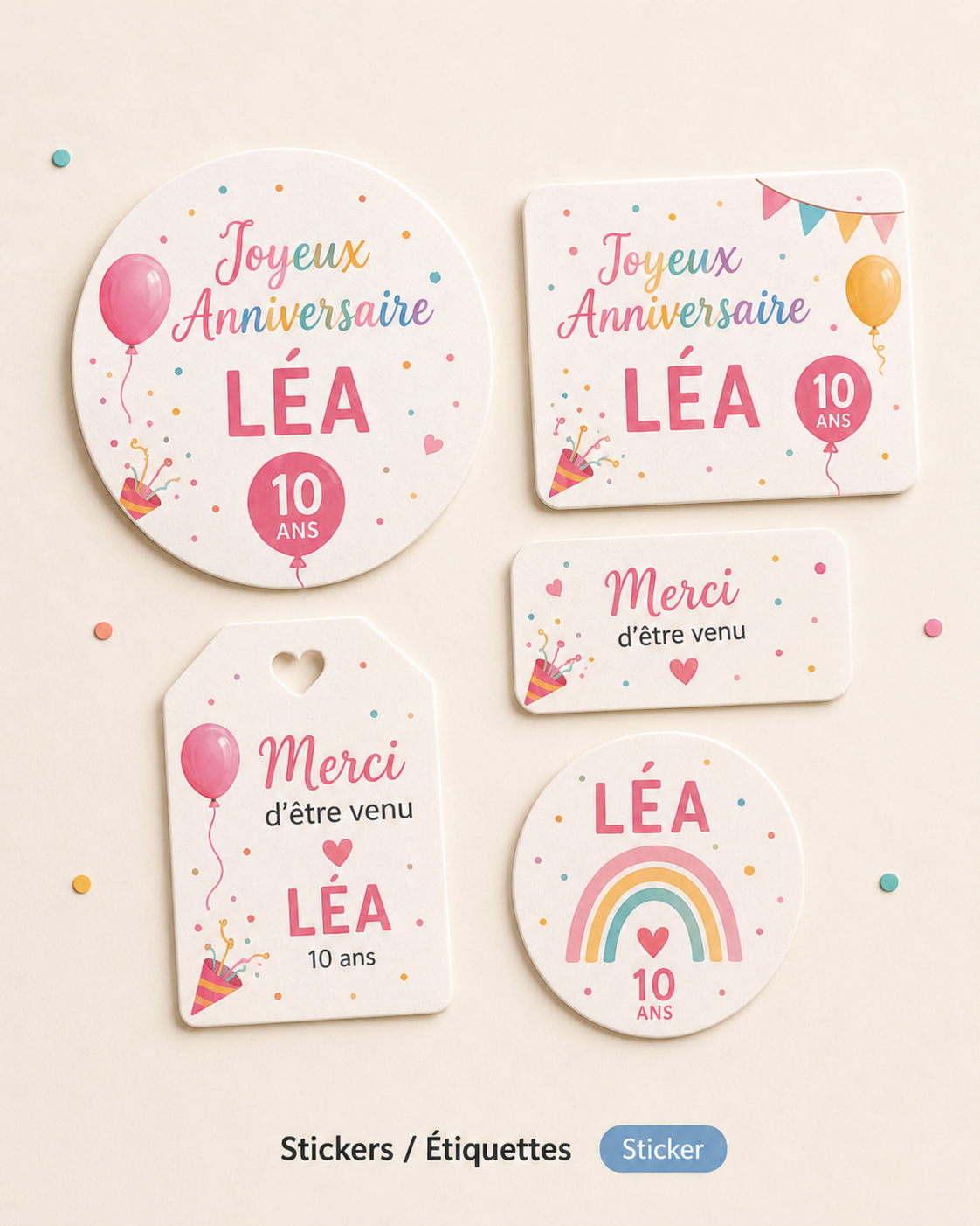 Aperçu Stickers & Étiquettes personnalisés – Anniversaire, Baptême & Événements