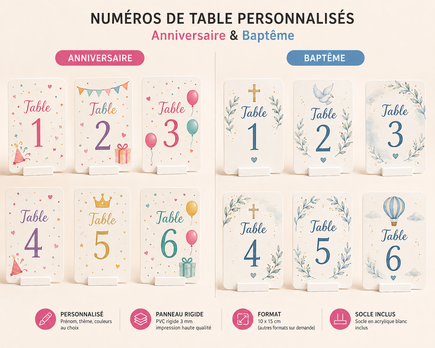Produit personnalisé Numéros de table personnalisés – Anniversaire, Baptême & Événements