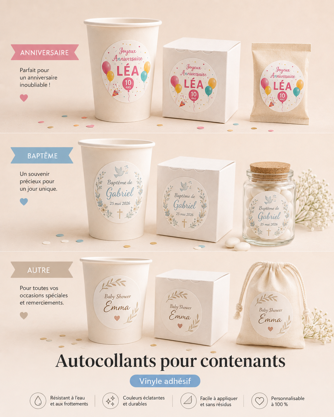Produit personnalisé Autocollants personnalisés pour contenants – Anniversaire, Baptême & Événements