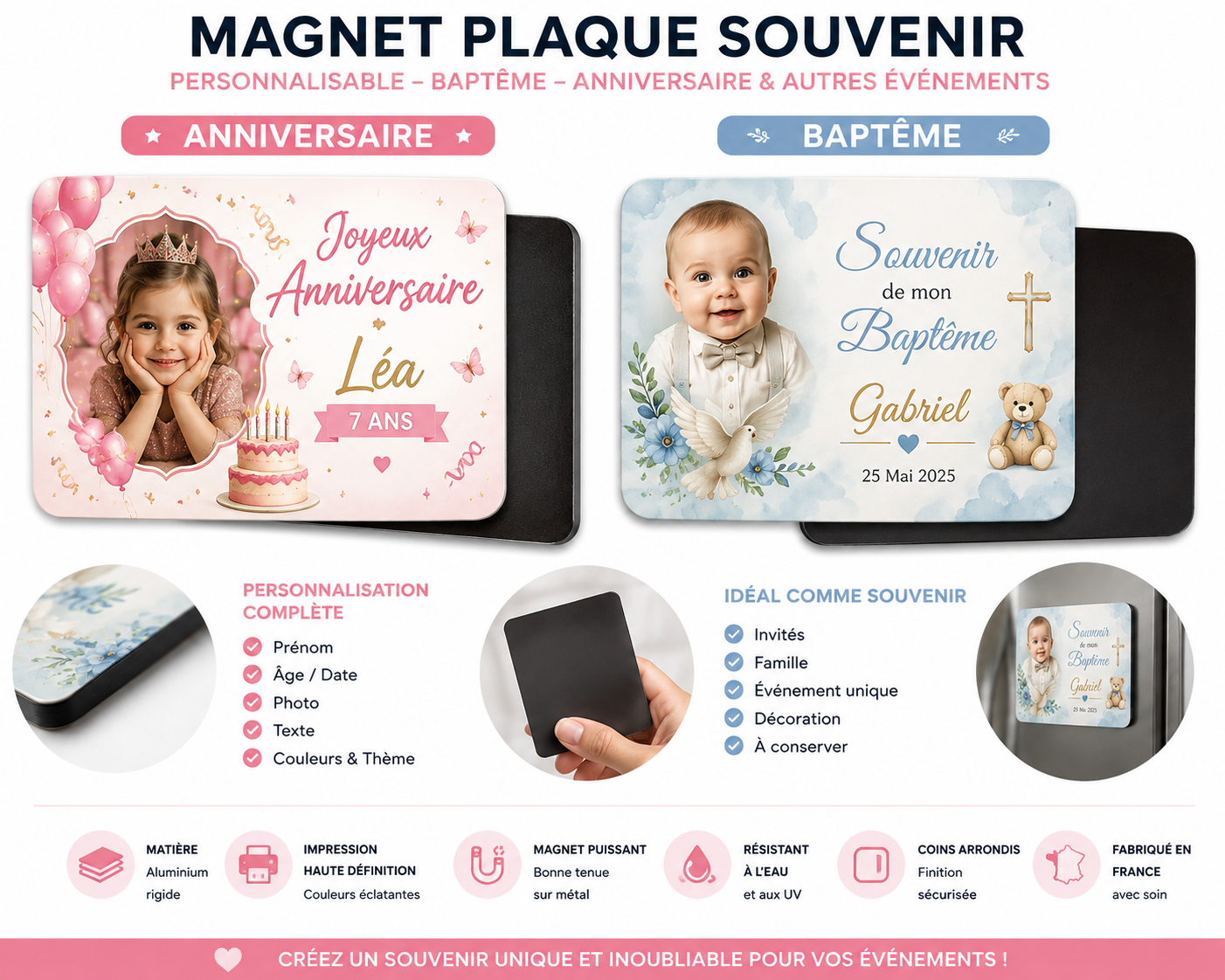 Produit personnalisé Magnet plaque souvenir personnalisé – Anniversaire, Baptême & Événements