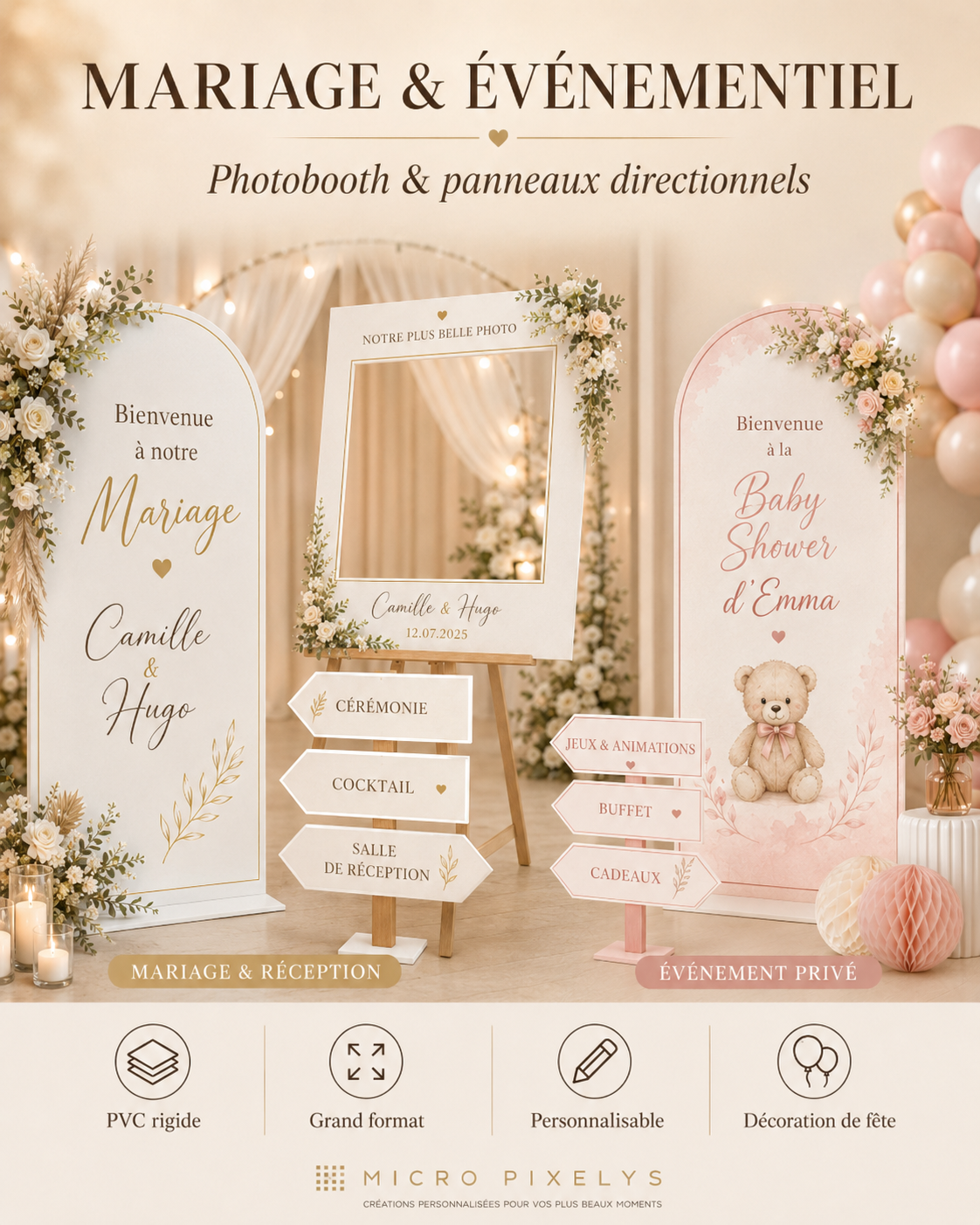 Produit personnalisé Kit Photobooth & panneaux directionnels personnalisés – Mariage & Événementiel