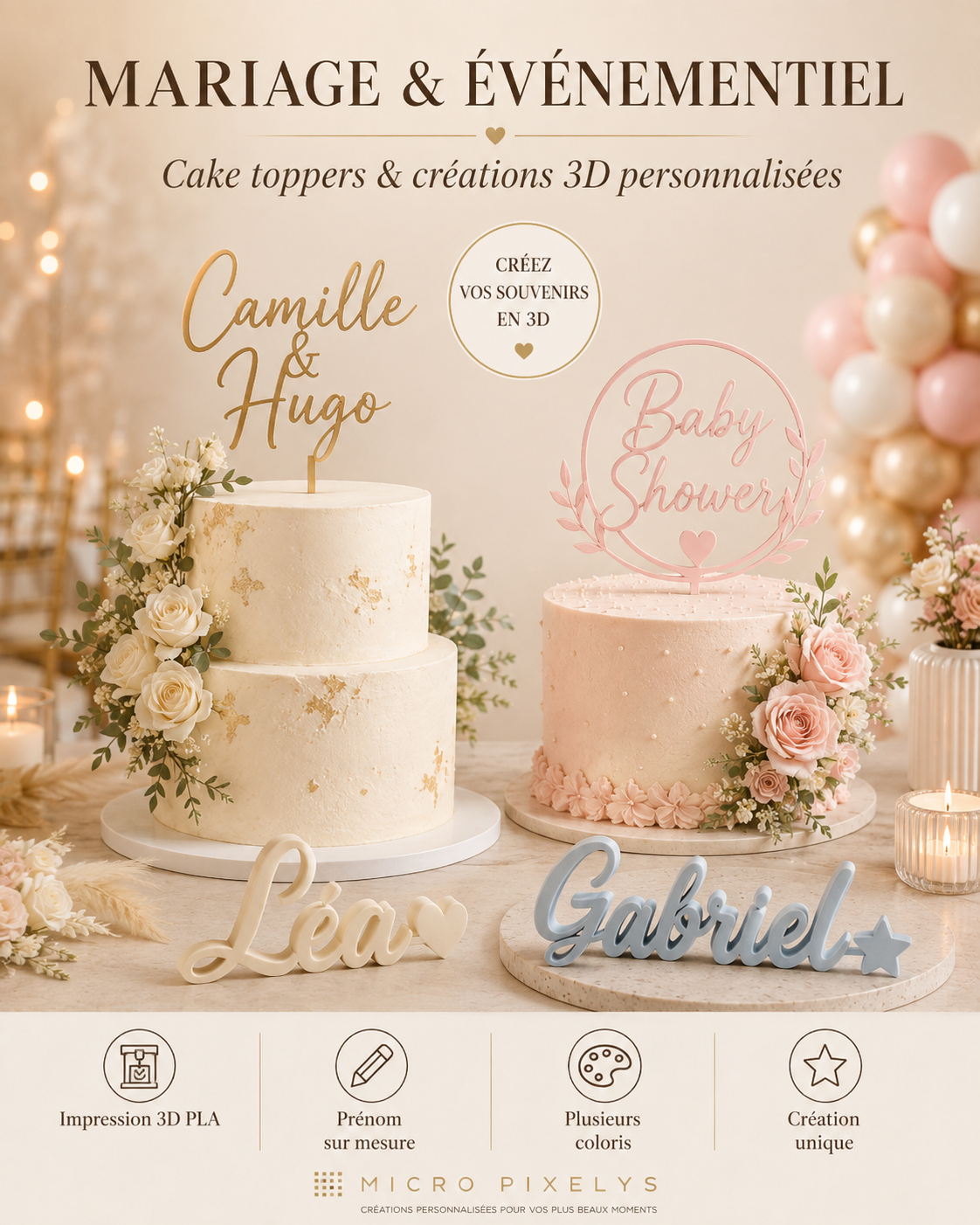 Produit personnalisé Cake Topper & création 3D personnalisée – Mariage, Baby Shower & Événements