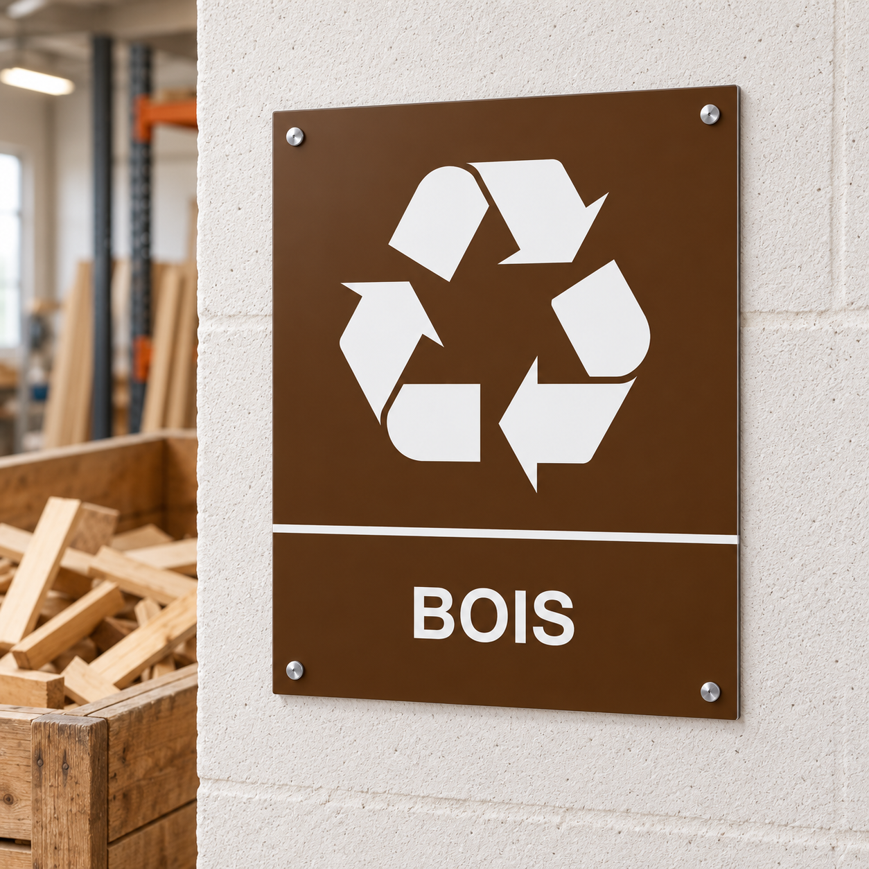 Produit personnalisé Panneau tri sélectif BOIS A4 – Sticker, PVC 3 mm ou Alu 3 mm