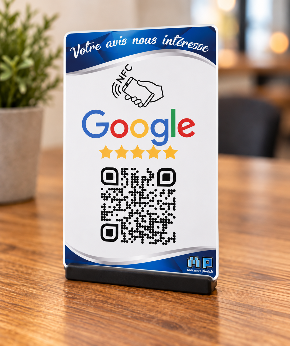 Produit personnalisé Carte Avis Google NFC + QR Code + support – Format 85 × 54 mm