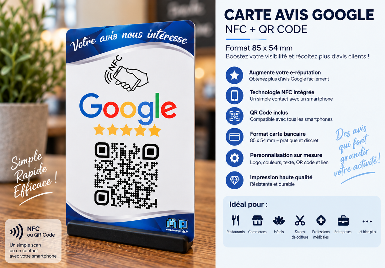 Aperçu Carte Avis Google NFC + QR Code + support – Format 85 × 54 mm