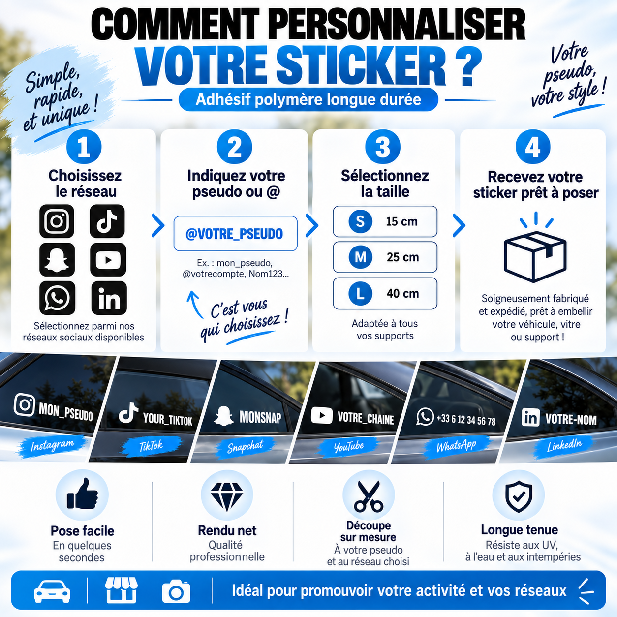 Aperçu Lot 2 Stickers Réseau Social Personnalisé – Instagram, TikTok, Snapchat, Facebook… – Adhésif polymère longue durée