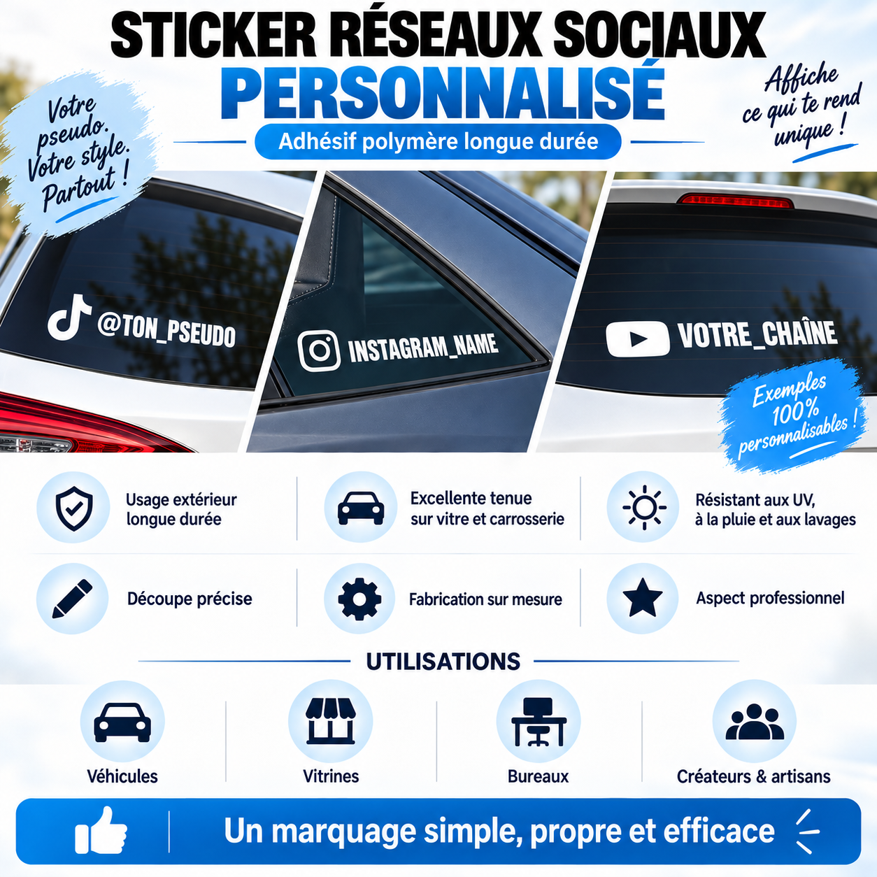 Aperçu Lot 2 Stickers Réseau Social Personnalisé – Instagram, TikTok, Snapchat, Facebook… – Adhésif polymère longue durée