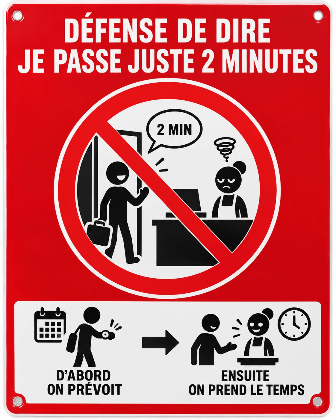 Produit personnalisé Panneau humoristique – Je passe juste 2 minutes
