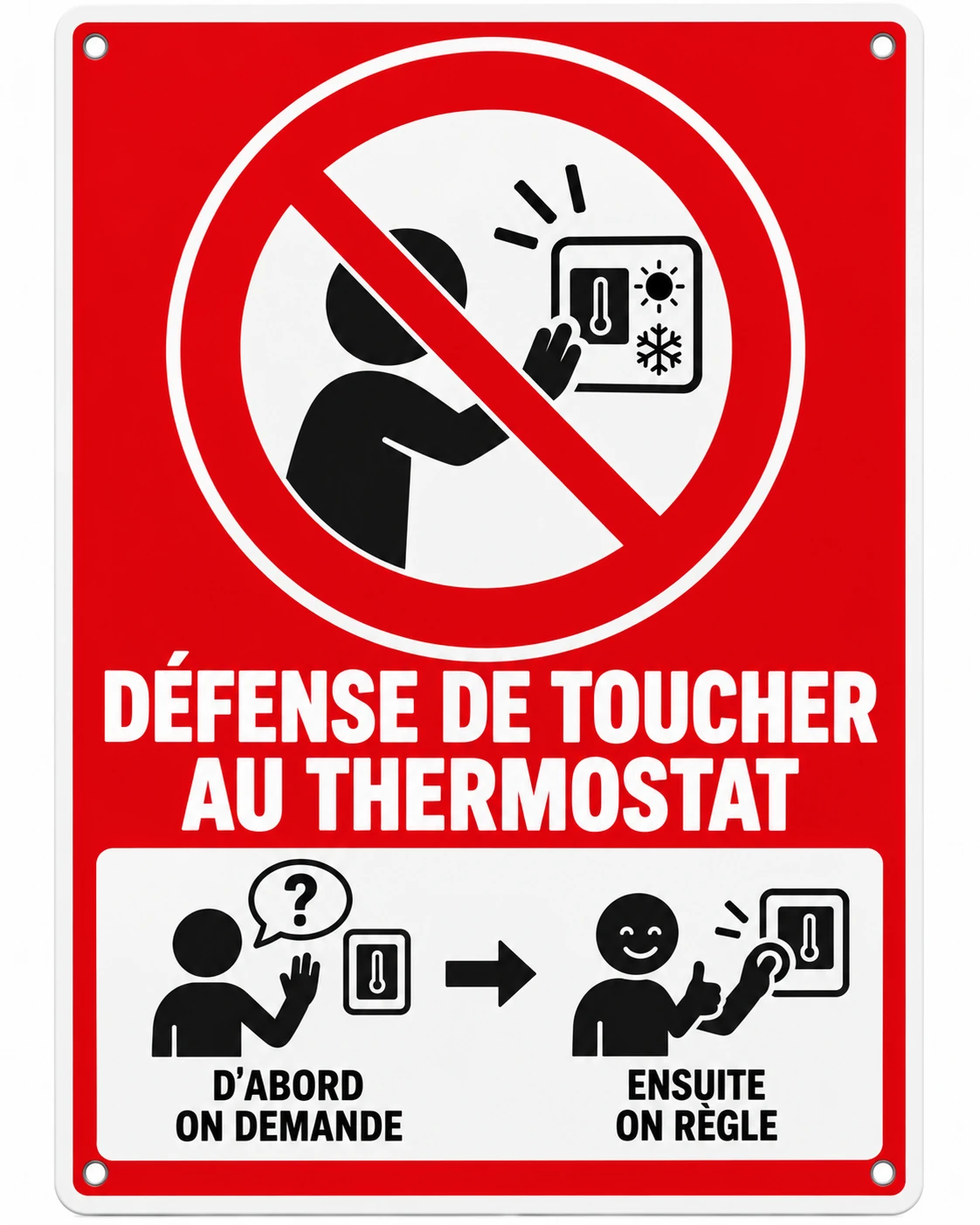 Produit personnalisé Panneau humoristique – Défense de toucher au thermostat